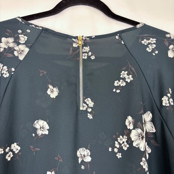 Papermoon Floral Blouse Large Dark Teal Scoop Neck 3/4 Sleeve Tie Cuff Top - Picture 8 of 14